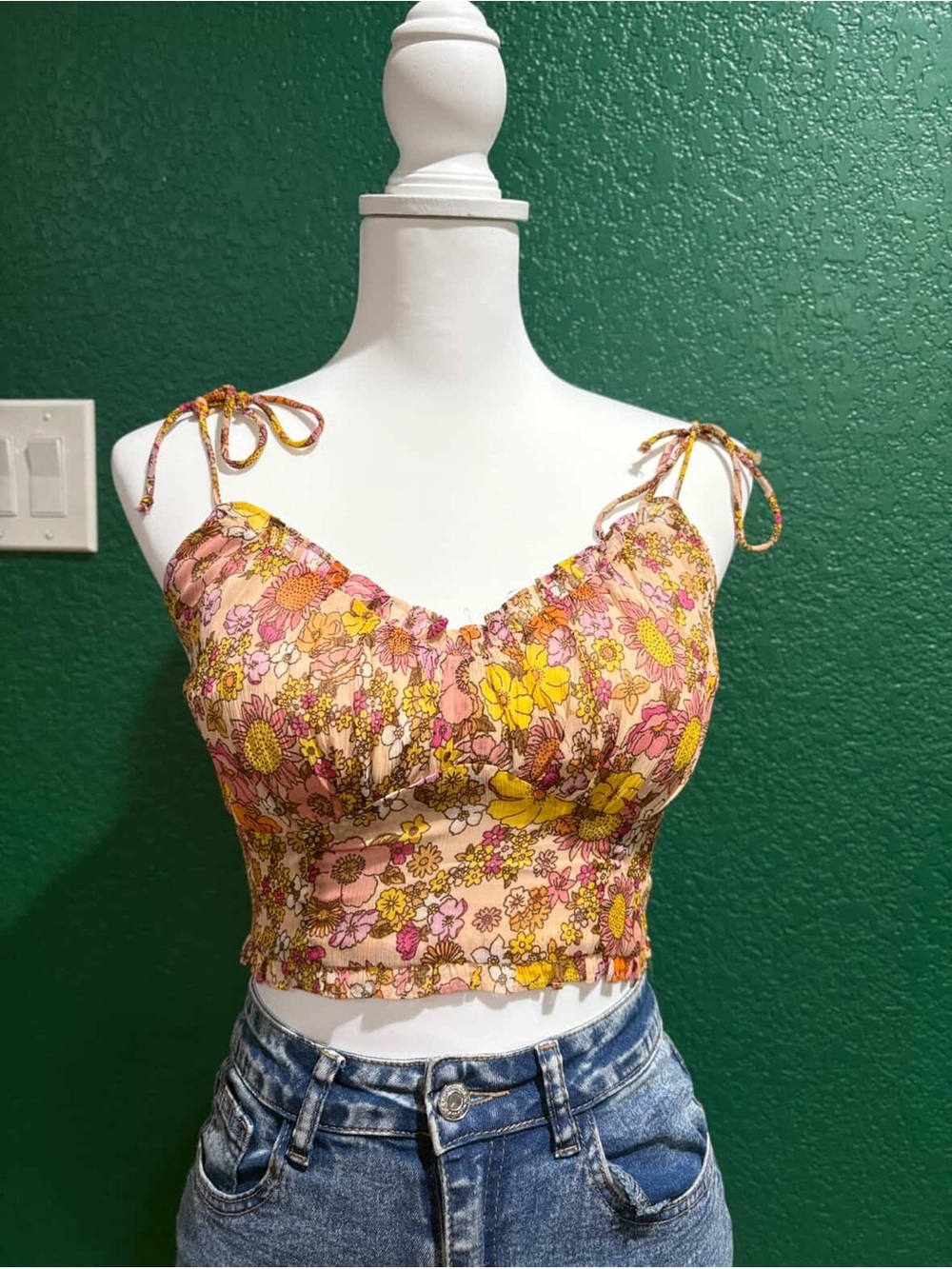 Floral Tie-Shoulder Crop Top in Pink & Yellow
